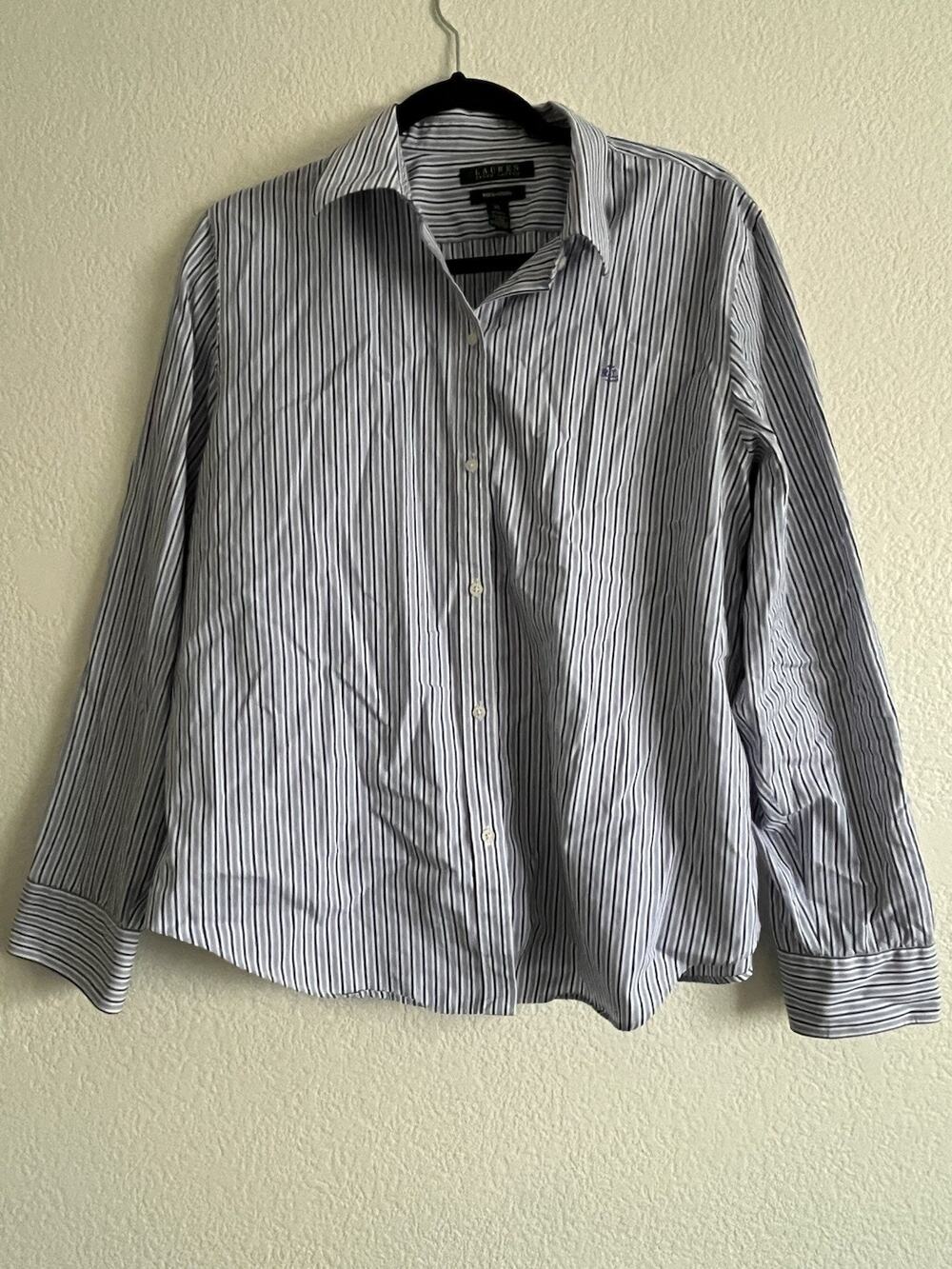 Lauren Ralph Lauren SZ XL Womens Button Top Up Long Sleeve Stripes Blues Classic